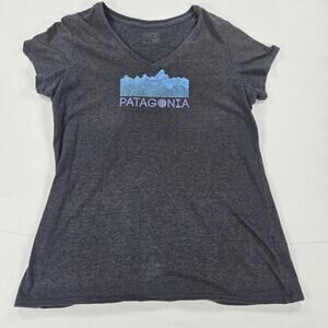 Patagonia Regular Fit V-Neck Short Sleeve Gray Mountain T-Shirt Women Size Large